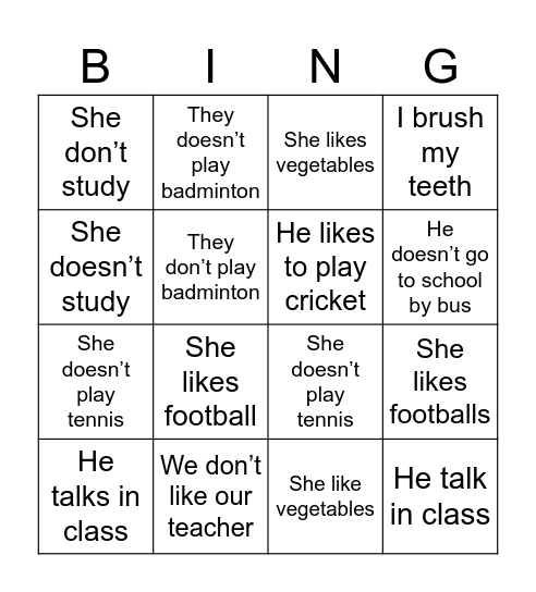 Present Simple Bingo Card
