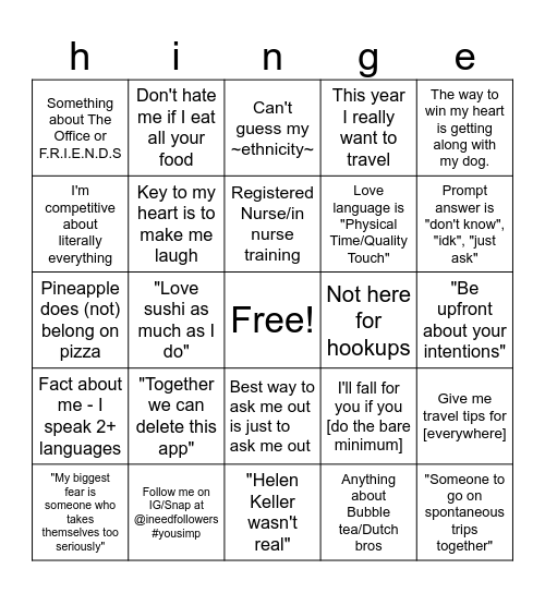 HINGE Bingo Card