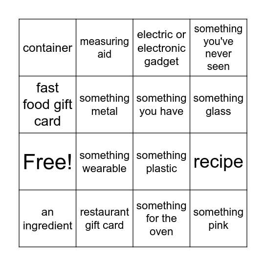 Kitchen Shower Bingo Card