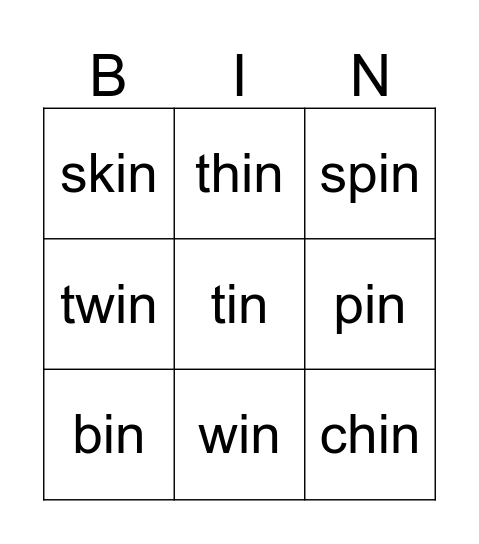 -in Rhyming Words Bingo Card