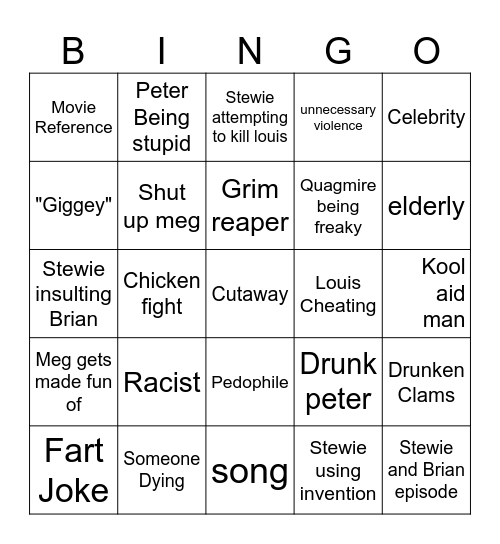 Family guy bingo Card