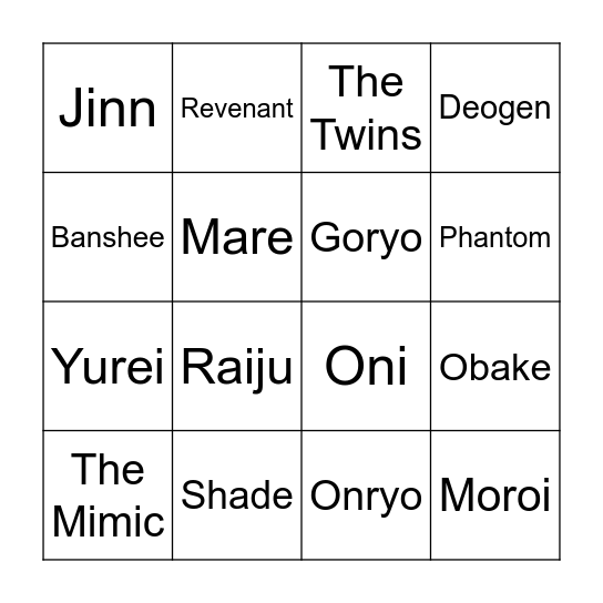 Phasmophobia Ghost Bingo Card