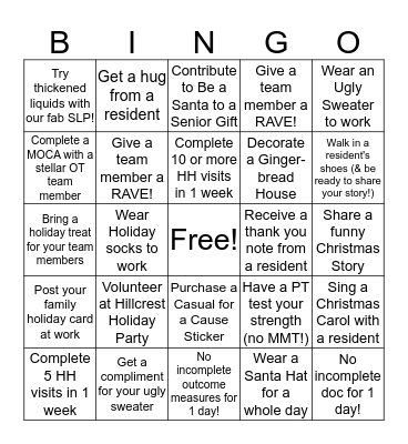 Hillcrest Holiday Bingo Card