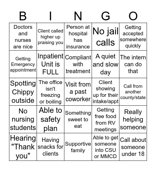 Mobile Crisis Bingo Card