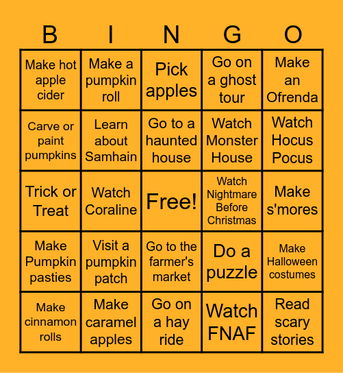 October Bingo Card