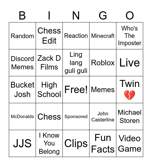 YT Shorts Bingo Card