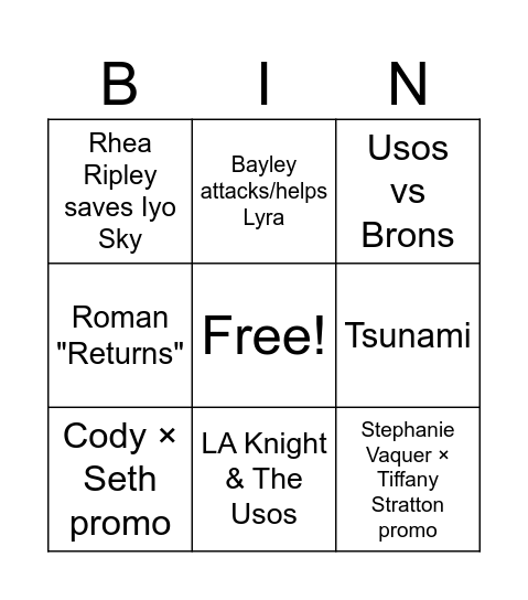 WWE Raw Bingo Card