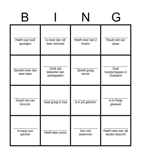 Noteer 16 verschillende namen Bingo Card