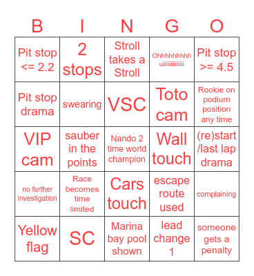 Singapore GP Bingo Card