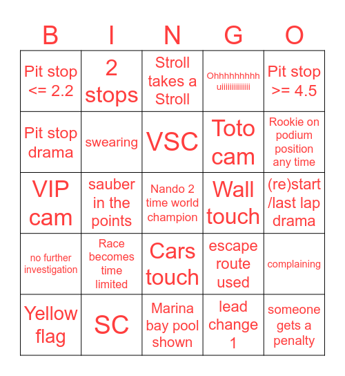 Singapore GP Bingo Card