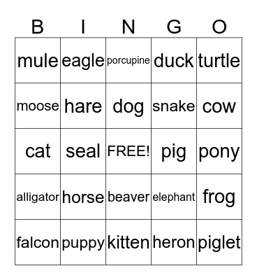 Animal Bingo Card
