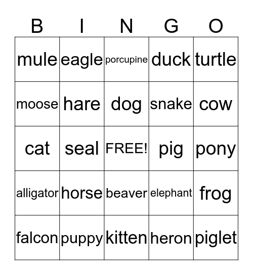 Animal Bingo Card