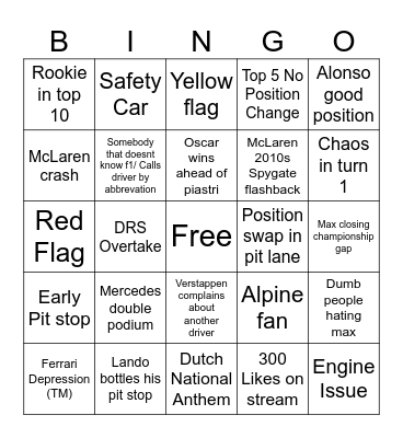 2025 Singapore GP Bingo Card