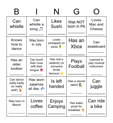 YOUTH HUMAN BINGO Card