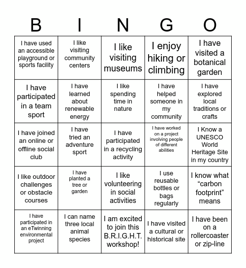 B.R.I.G.H.T. Bingo Card
