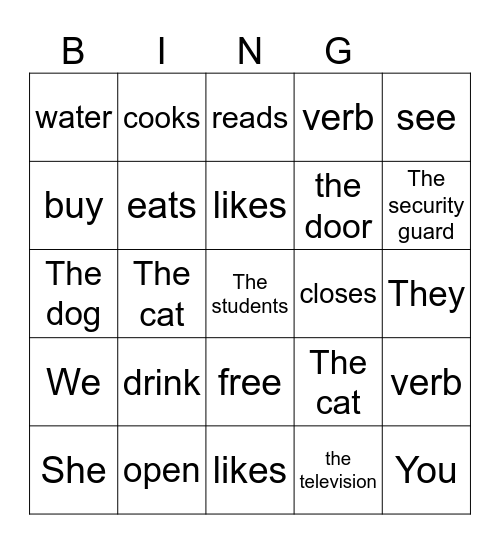 Subject_Verb_Object Bingo Card