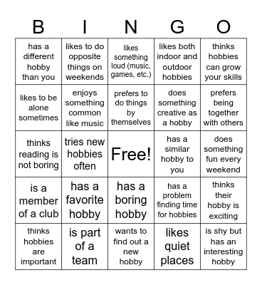 Hobbies! Bingo Card