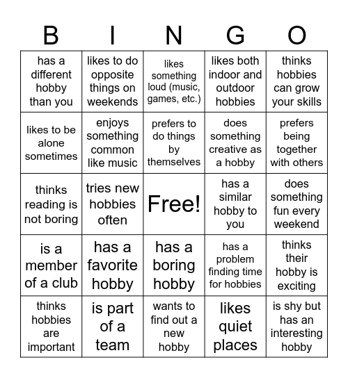 Hobbies! Bingo Card