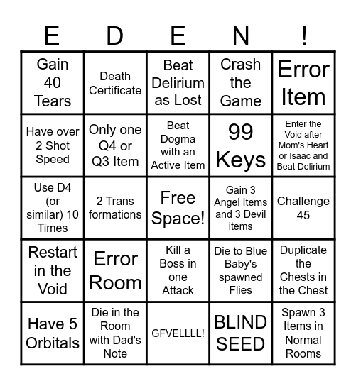 Eden Bingo Card