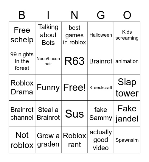 Roblox bingo Card