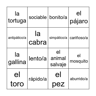 Los animales y los adjetivos Bingo Card