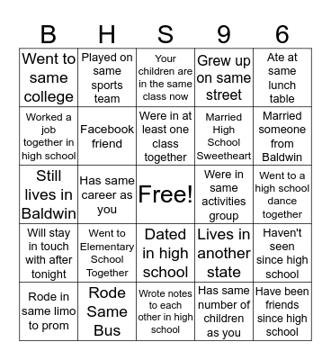 Baldwin High School Class of 1996 Bingo Card
