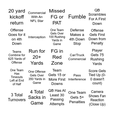 Football Frenzy Bingo Card
