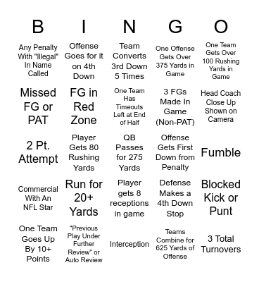 FOOTBALL Bingo Card