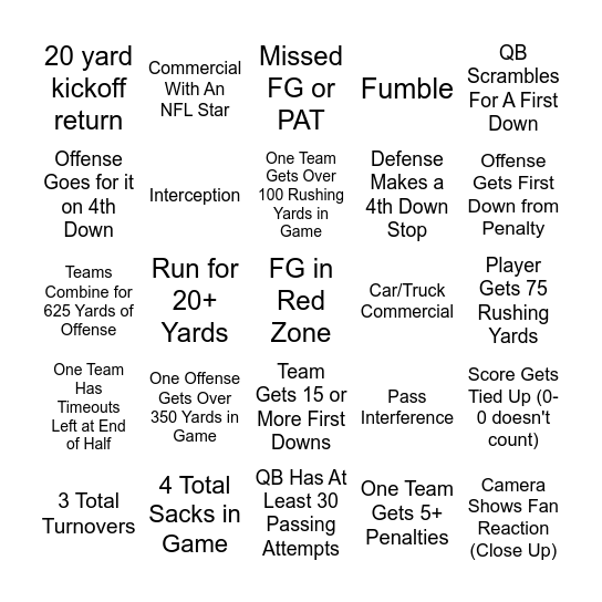 Football Frenzy Bingo Card