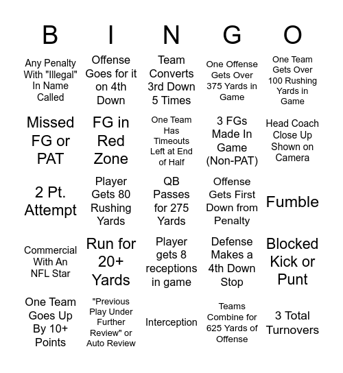 FOOTBALL Bingo Card