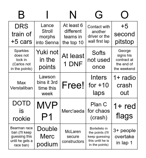 Singapore GP Bingo Card Bingo Card