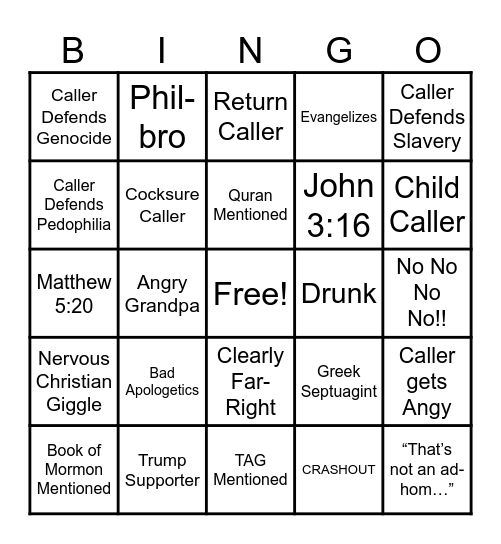 Atheist Call-In Show Bingo Card