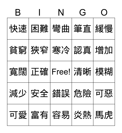 形容詞 Bingo Card