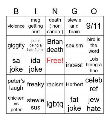 family guy Bingo Card