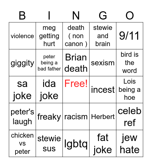 family guy Bingo Card