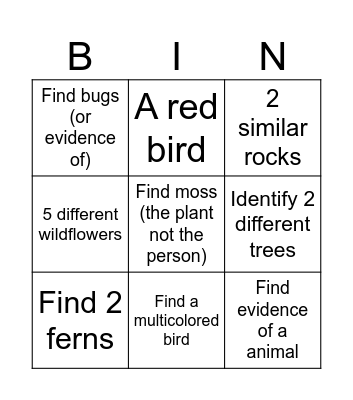Nature scavenger hunt Bingo Card