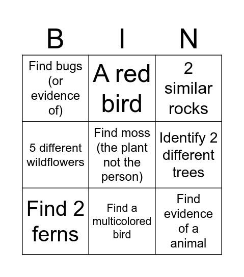 Nature scavenger hunt Bingo Card