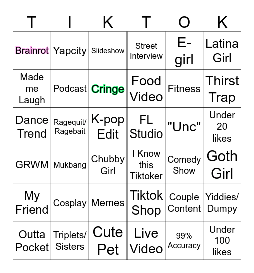 Tiktok Bingo Card