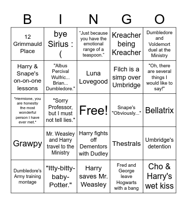 Harry Potter and the Order of the Phoenix Bingo Card
