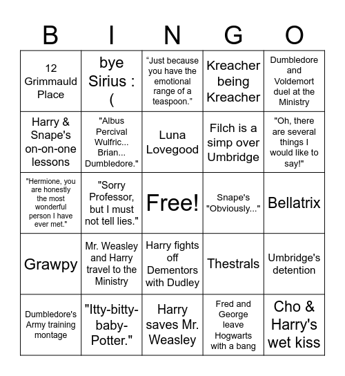 Harry Potter and the Order of the Phoenix Bingo Card