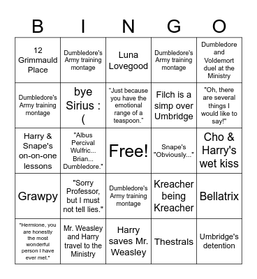 Harry Potter and the Order of the Phoenix Bingo Card