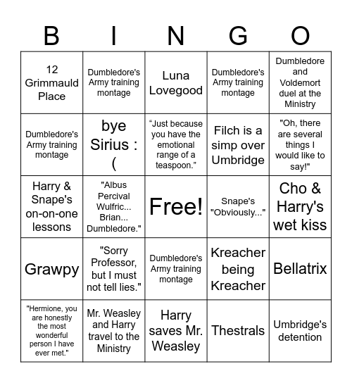 Harry Potter and the Order of the Phoenix Bingo Card