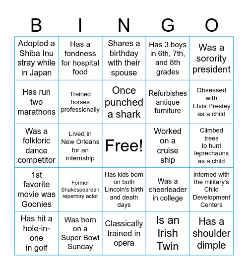 PLA Ice Breaker Bingo Card