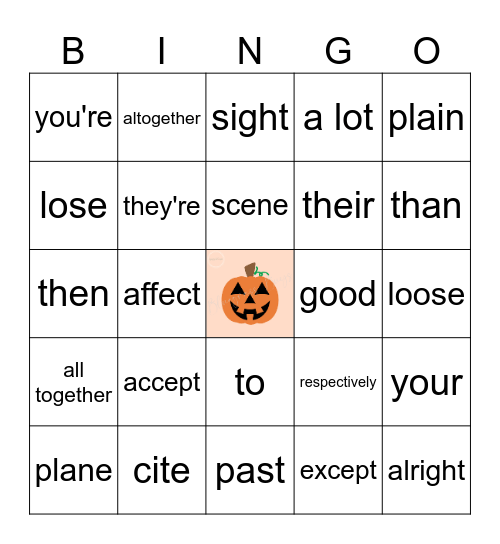 Commonly Confused Words Bingo Card