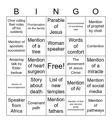 October 25 Sunday afternoon GC Bingo Card