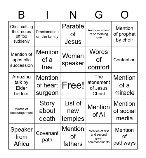 October 25 Sunday afternoon GC Bingo Card