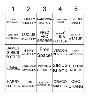 Harry Potter Characters Bingo Card