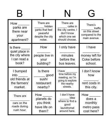 QUANTIFIERS: some/any/many/much/a lot/a little/a few Bingo Card