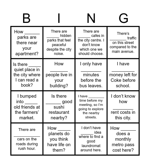 QUANTIFIERS: some/any/many/much/a lot/a little/a few Bingo Card