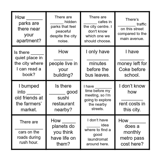 QUANTIFIERS: some/any/many/much/a lot/a little/a few Bingo Card